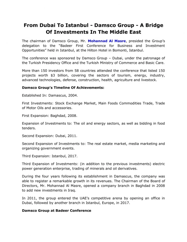 From Dubai To Istanbul - Damsco Group - A Bridge Of Investments In The Middle East