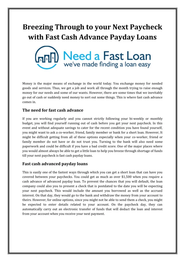 Breezing Through to your Next Paycheck with Fast Cash Advance Payday Loans