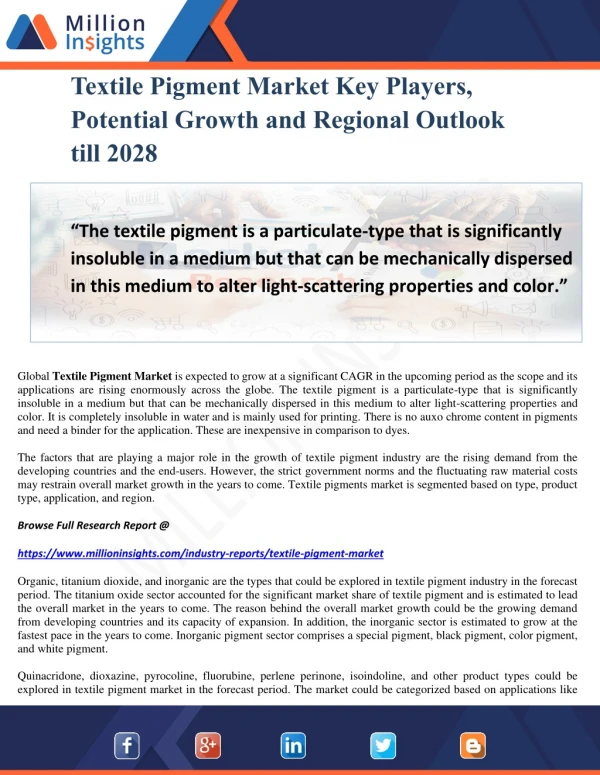 Textile Pigment Market Key Players, Potential Growth and Regional Outlook till 2028