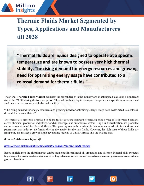 Thermic Fluids Market Segmented by Types, Applications and Manufacturers till 2028
