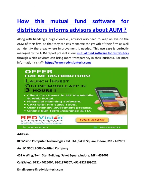 How this mutual fund software for distributors informs advisors about AUM ?