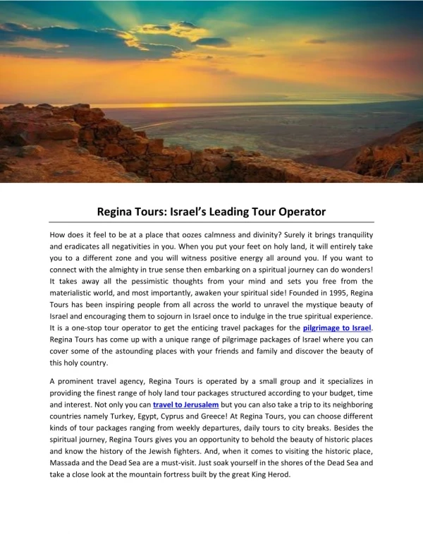 Regina Tours: Israel’s Leading Tour Operator