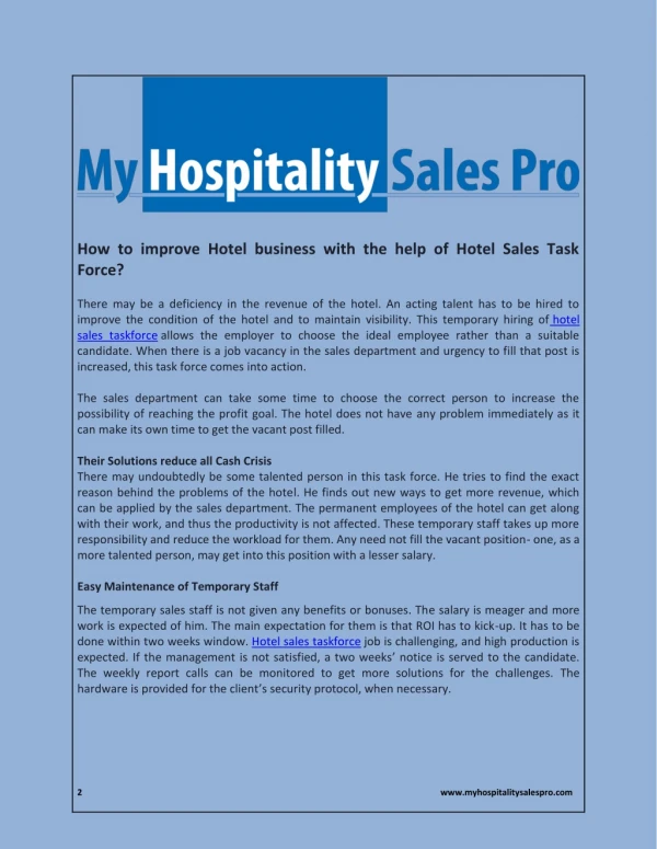 Improve Hotel business with the help of Hotel Sales Task Force