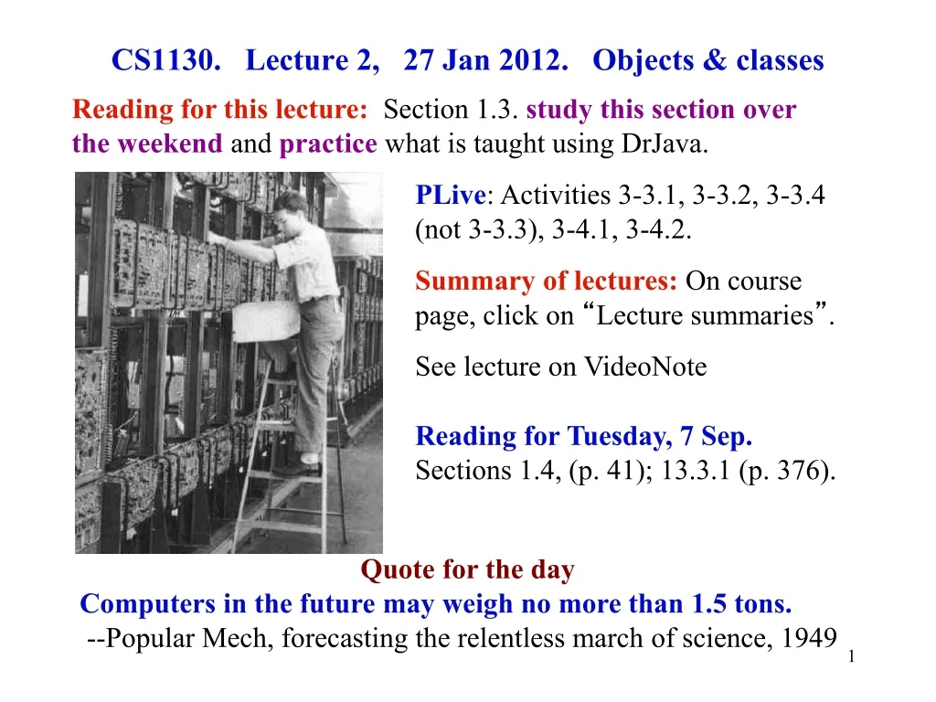 cs1130 lecture 2 27 jan 2012 objects classes