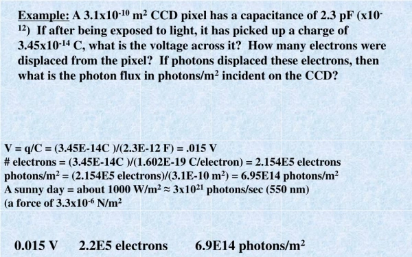 0.015 V 2.2E5 electrons 6.9E14 photons/m 2