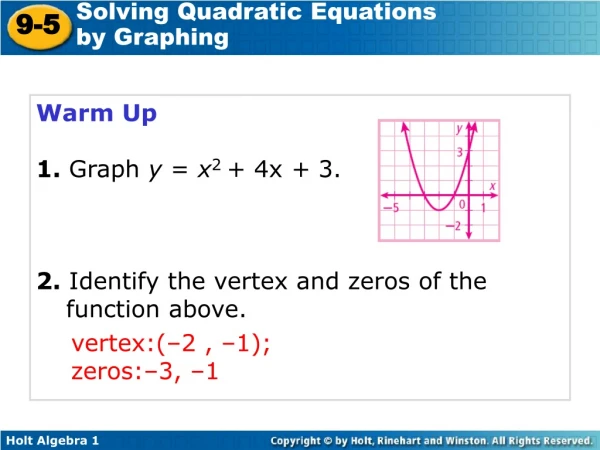 Warm Up 1. Graph y = x 2 + 4x + 3. 2. Identify the vertex and zeros of the function above.
