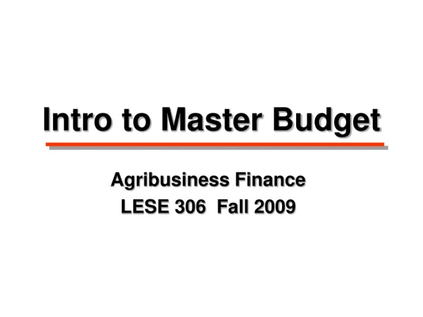 Intro to Master Budget