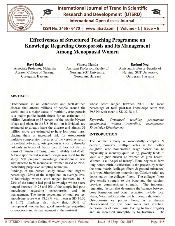 Effectiveness of Structured Teaching Programme on Knowledge Regarding Osteoporosis and its management among Menopausal W