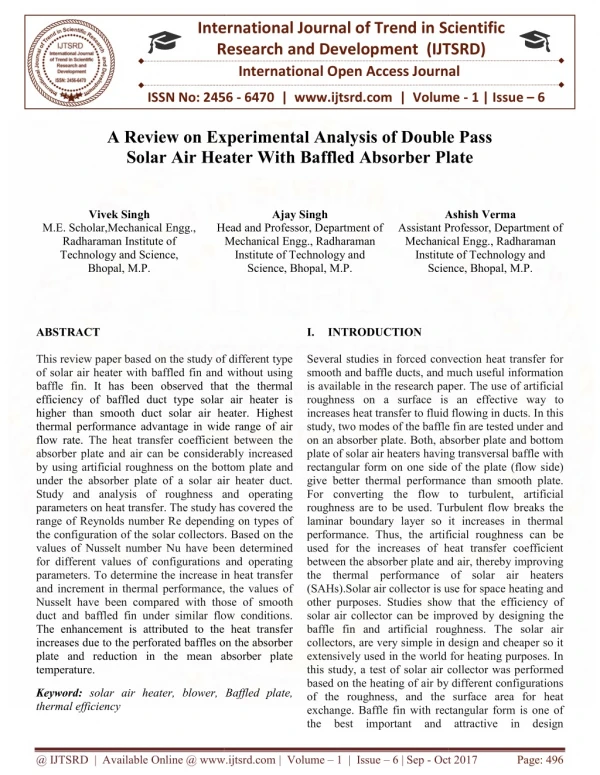 A Review on Experimental Analysis of Double Pass Solar Air Heater With Baffled Absorber Plate