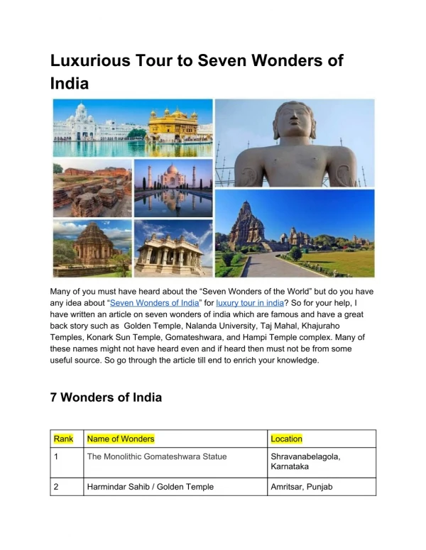Luxurious Tour to Seven Wonders of India