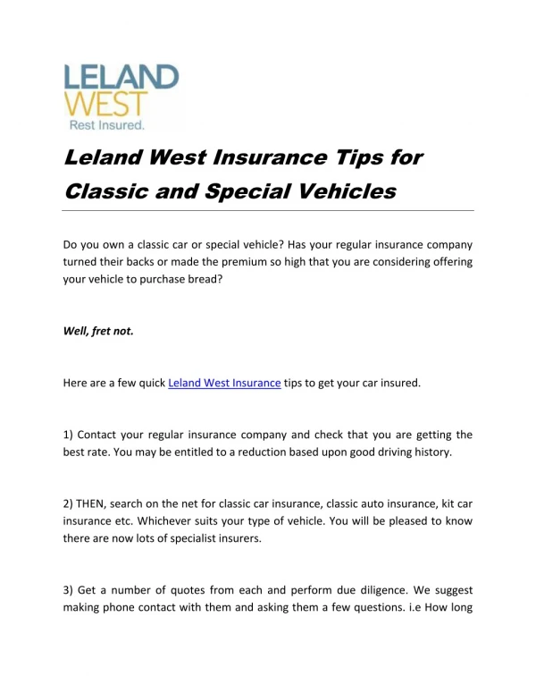 Leland West Insurance Tips for Classic and Special Vehicles