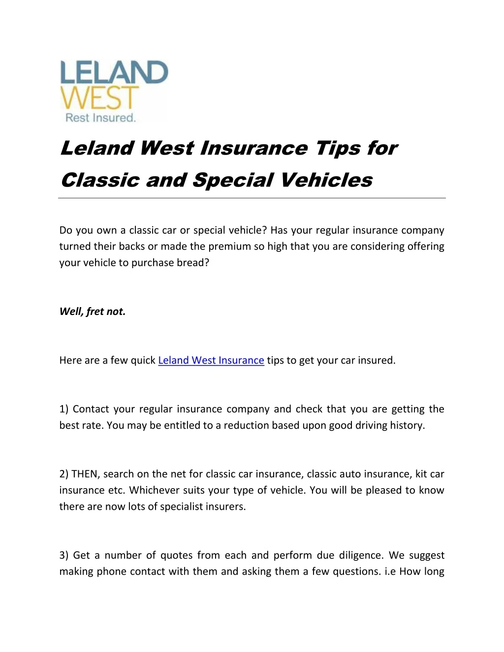 leland west insurance tips for classic