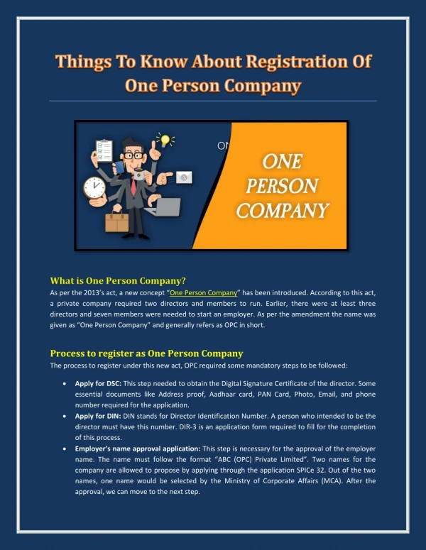 Things To Know About Registration Of One Person Company
