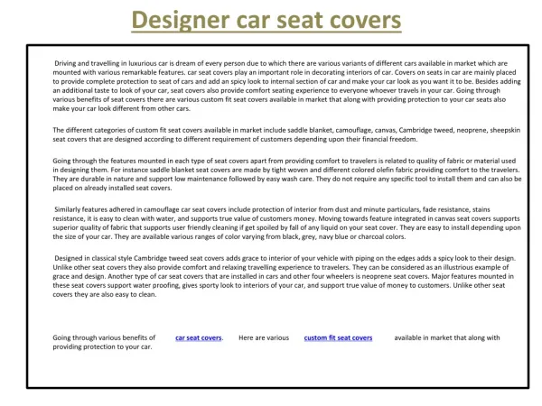 Designer car seat covers