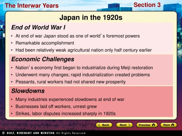 End of World War I At end of war Japan stood as one of world ’ s foremost powers