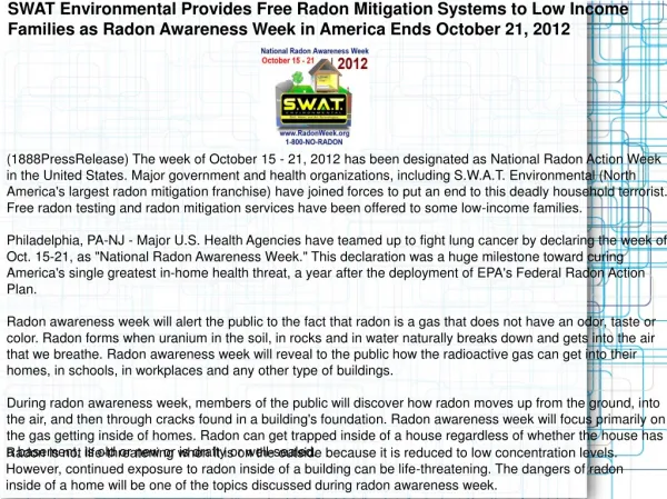SWAT Environmental Provides Free Radon Mitigation Systems