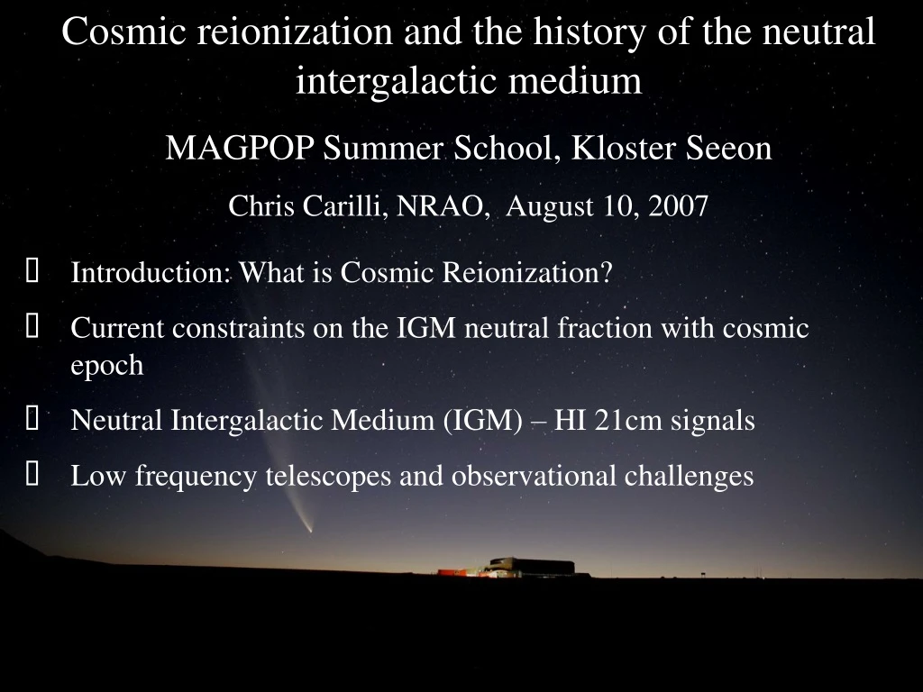 cosmic reionization and the history