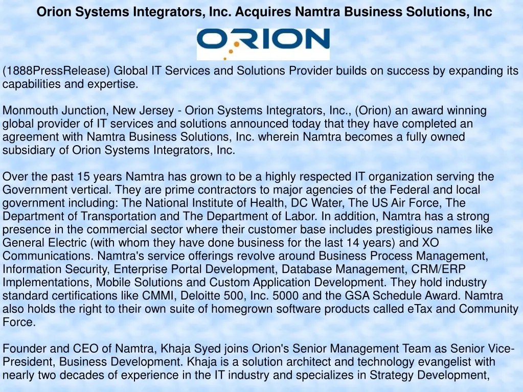 orion systems integrators inc acquires namtra