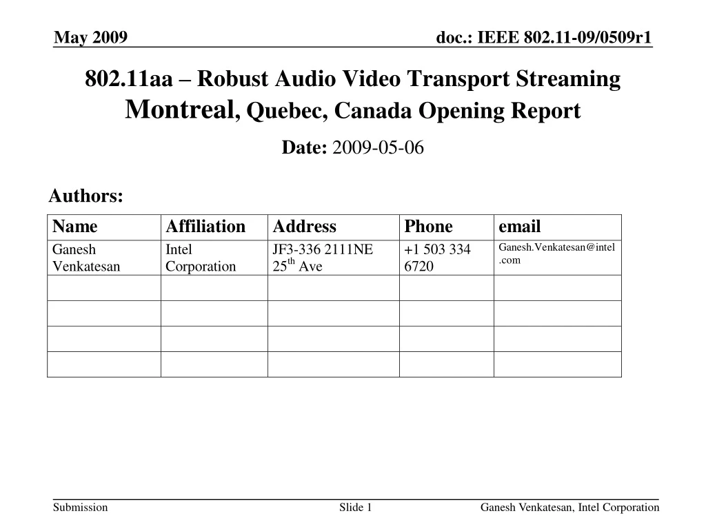 802 11aa robust audio video transport streaming montreal quebec canada opening report