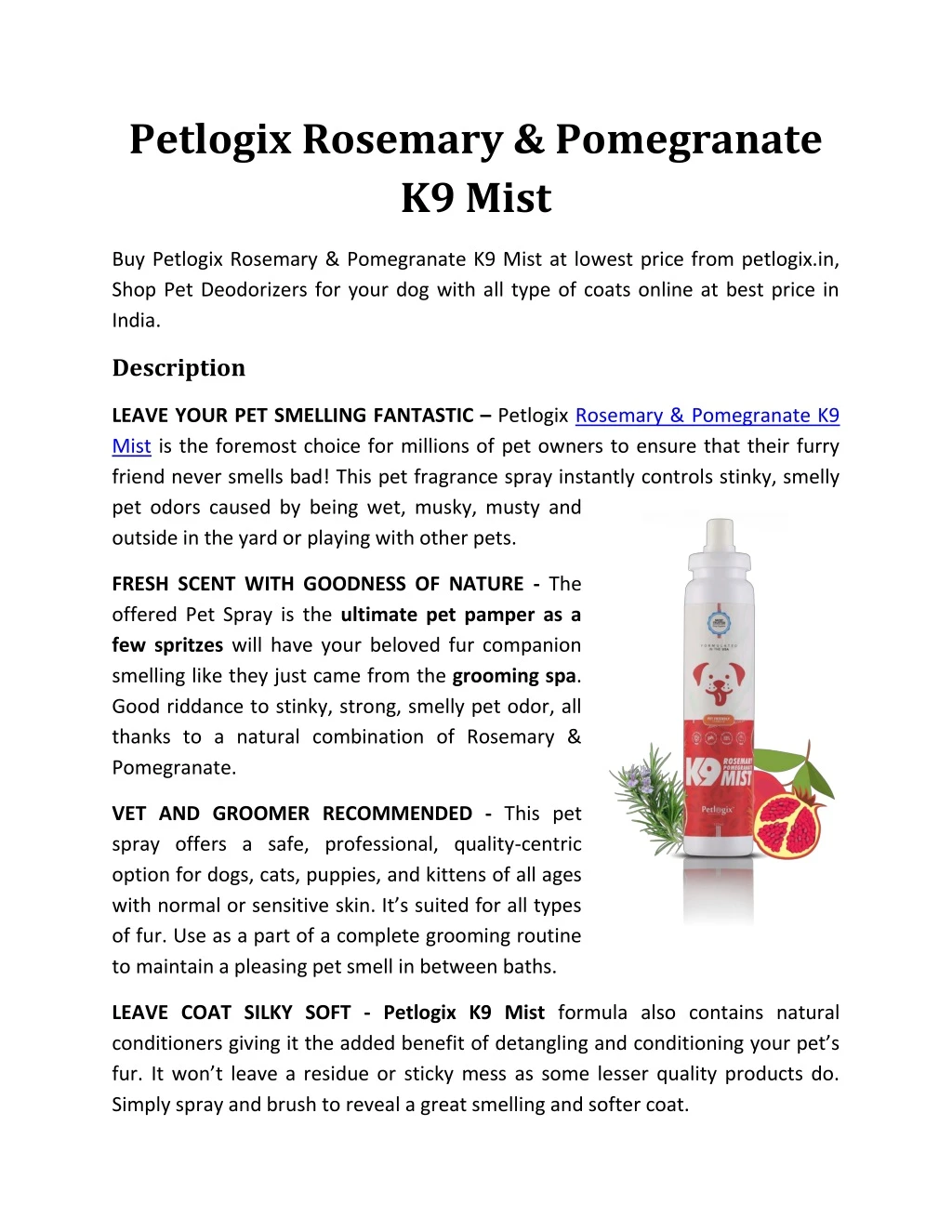 petlogix rosemary pomegranate k9 mist