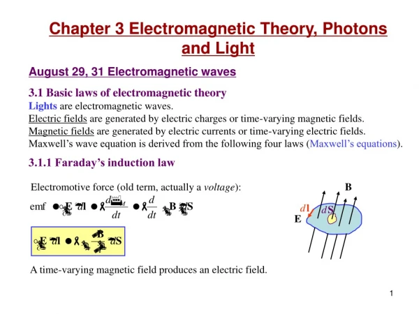 Chapter 3 Electromagnetic Theory, Photons and Light August 29, 31 Electromagnetic waves