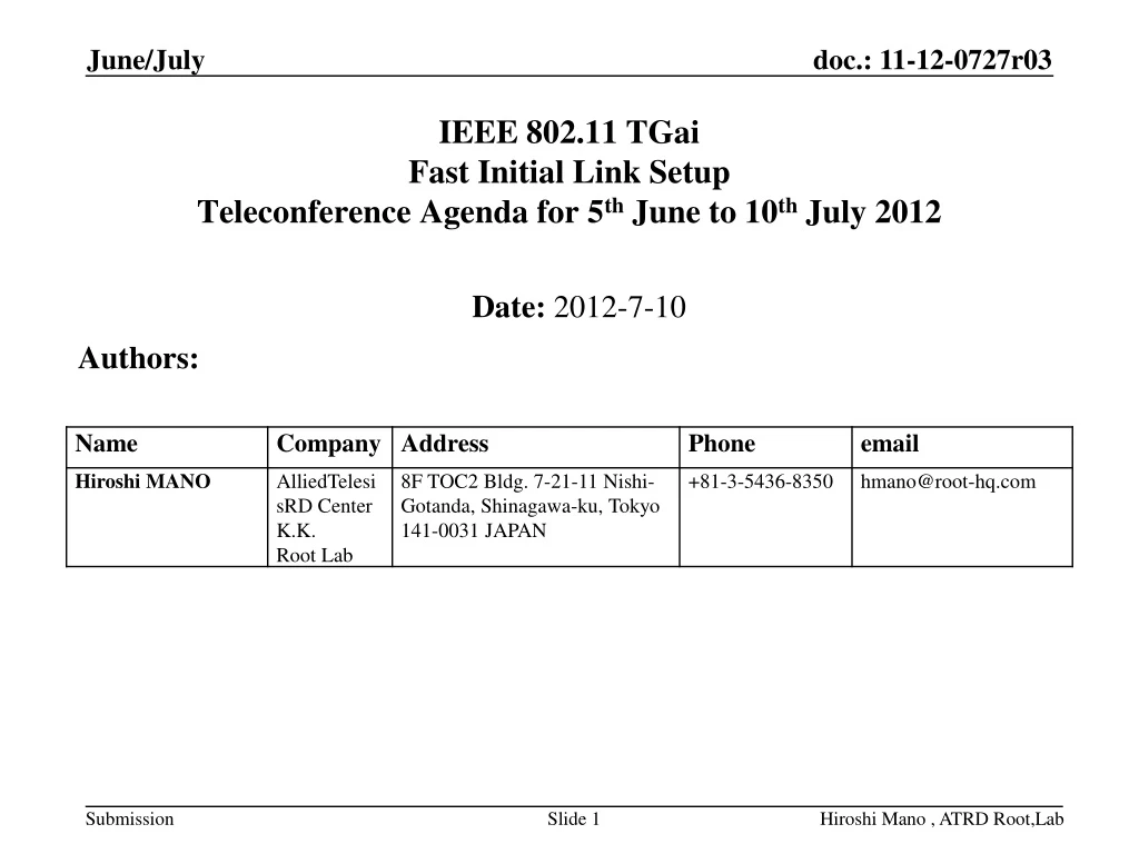ieee 802 11 tgai fast initial link setup teleconference agenda for 5 th june to 10 th july 2012