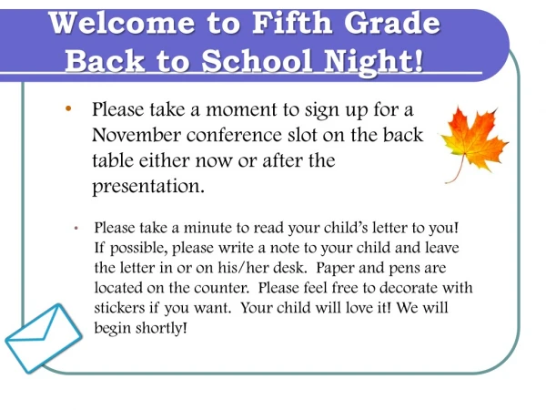 Welcome to Fifth Grade Back to School Night!