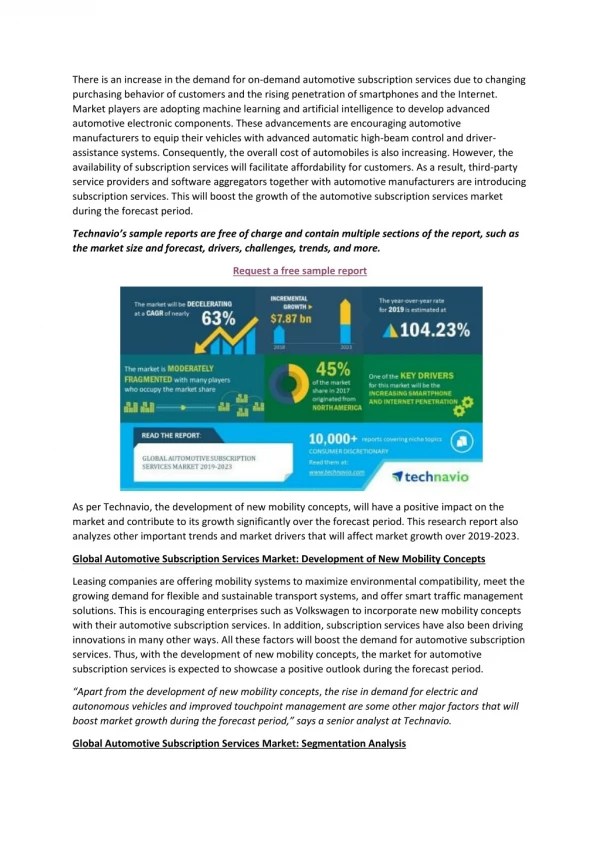 Global Automotive Subscription Services Market 2019-2023 | Development of New Mobility Concepts to Boost Growth