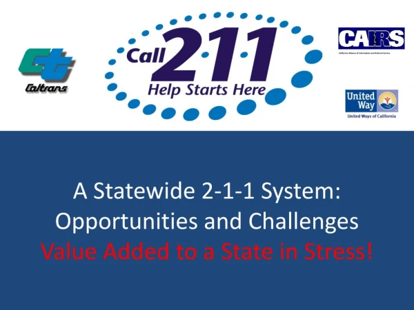 A Statewide 2-1-1 System: Opportunities and Challenges Value Added to a State in Stress!