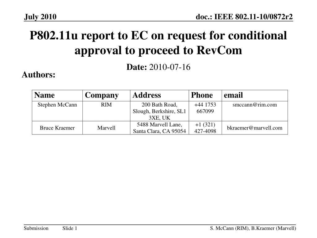 p802 11u report to ec on request for conditional approval to proceed to revcom