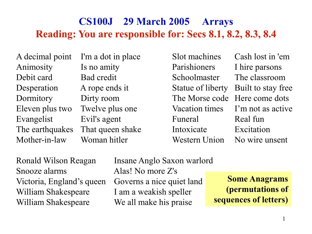 cs100j 29 march 2005 arrays reading you are responsible for secs 8 1 8 2 8 3 8 4