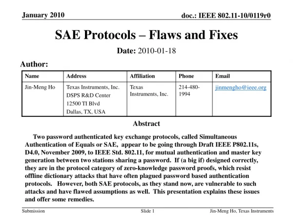 SAE Protocols – Flaws and Fixes