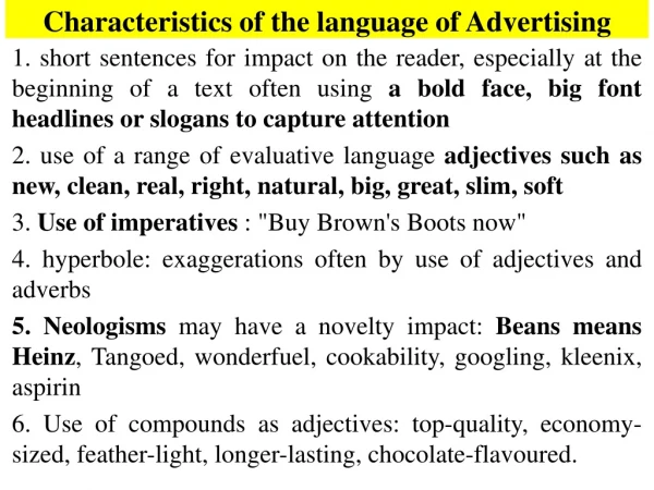 Characteristics of the language of Advertising