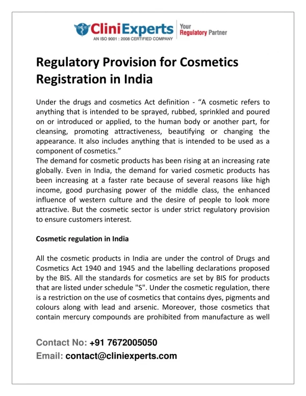 Regulatory Provision for Cosmetics Registration in India