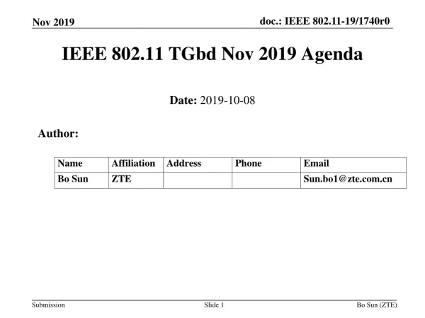 IEEE 802.11 TGbd Nov 2019 Agenda