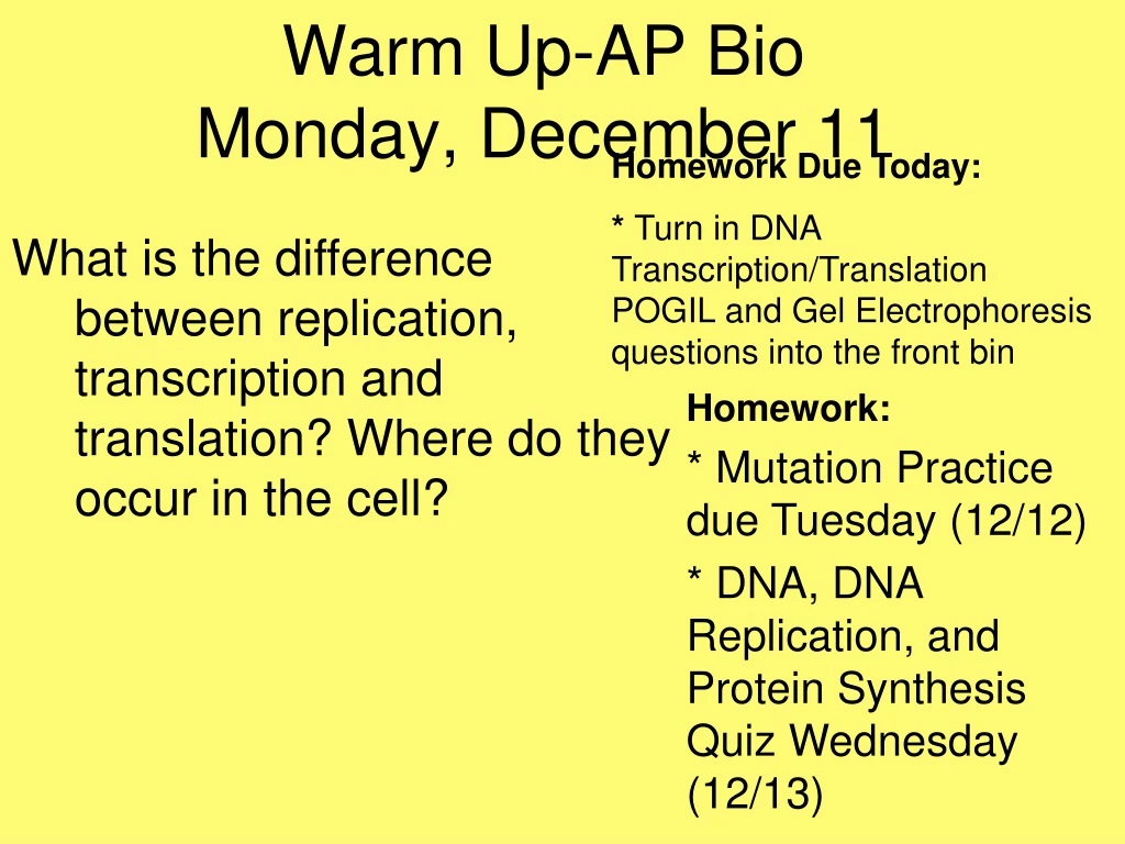 warm up ap bio monday december 11