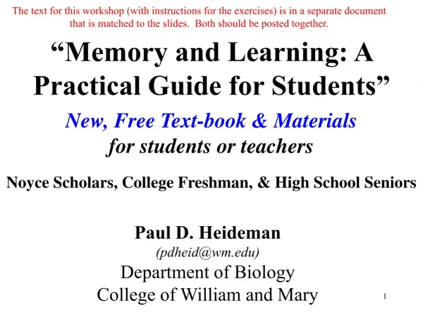 “Memory and Learning: A Practical Guide for Students” New, Free Text-book &amp; Materials