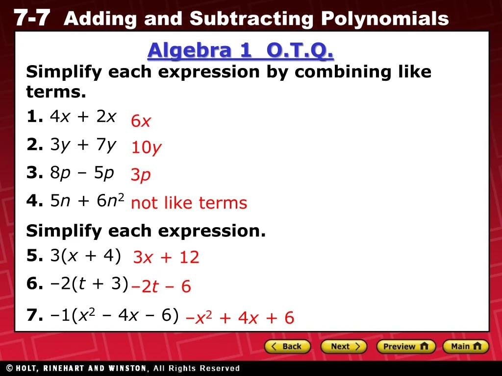 algebra 1 o t q simplify each expression