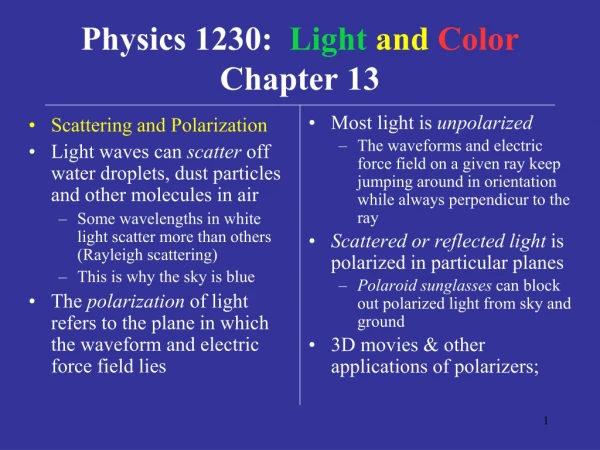 Physics 1230: Light and Color Chapter 13