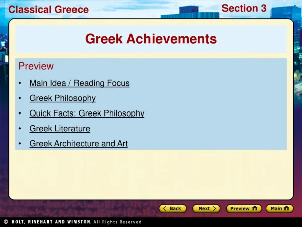Preview Main Idea / Reading Focus Greek Philosophy Quick Facts: Greek Philosophy Greek Literature