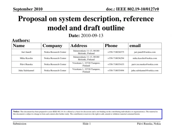 Proposal on system description, reference model and draft outline