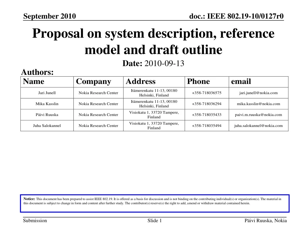 proposal on system description reference model and draft outline