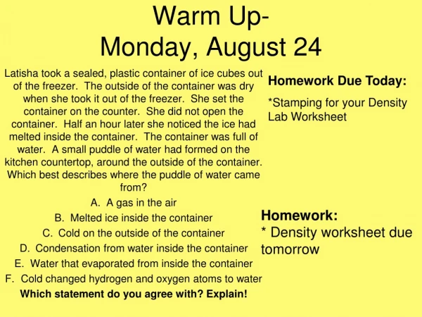 Warm Up- Monday, August 24