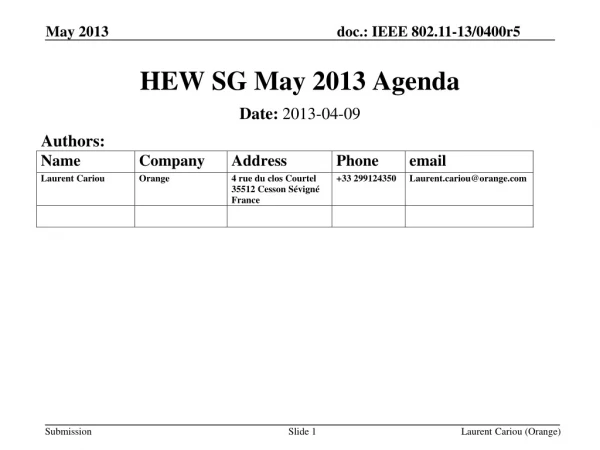 HEW SG May 2013 Agenda