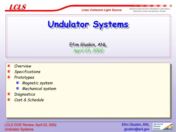 Undulator Systems Efim Gluskin, ANL April 23, 2002
