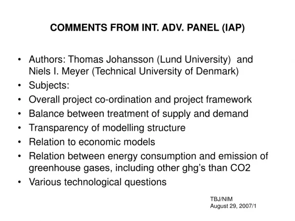COMMENTS FROM INT. ADV. PANEL (IAP)