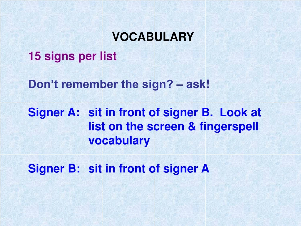 vocabulary 15 signs per list don t remember