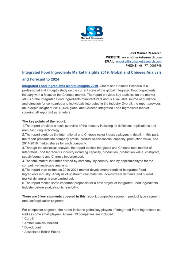 Integrated Food Ingredients Market Insights 2019, Global and Chinese Analysis and Forecast to 2024