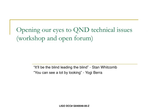 Opening our eyes to QND technical issues (workshop and open forum)