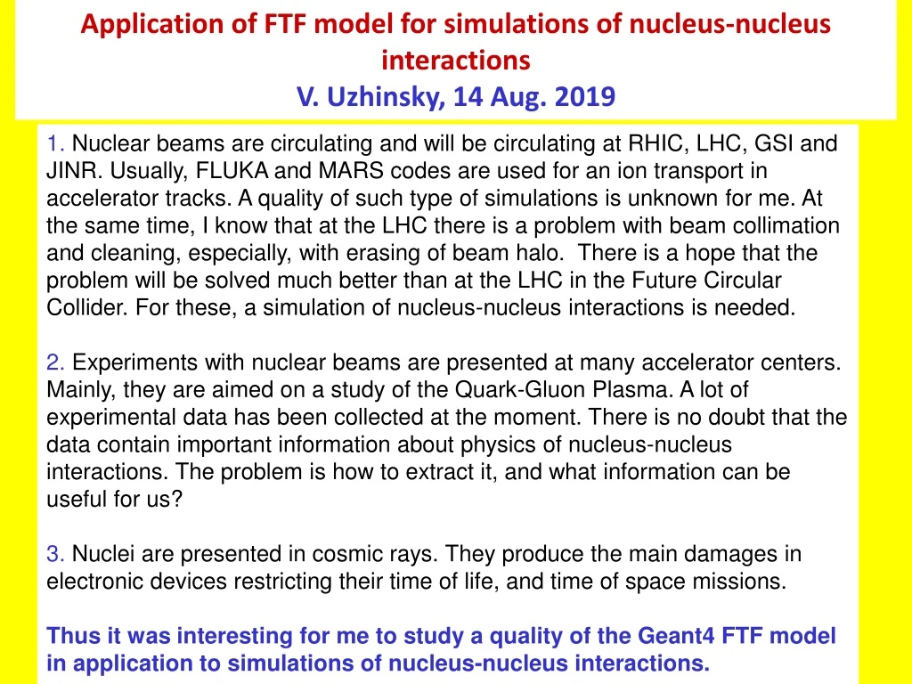 application of ftf model for simulations